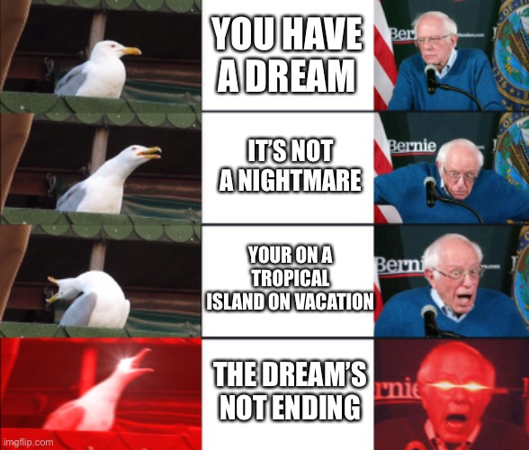Lets gooooooooooooooo | YOU HAVE A DREAM; IT’S NOT A NIGHTMARE; YOUR ON A TROPICAL ISLAND ON VACATION; THE DREAM’S NOT ENDING | image tagged in memes,inhaling seagull,bernie sanders reaction nuked | made w/ Imgflip meme maker