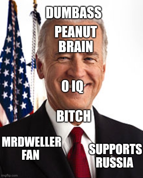 Agree? (It's US_President_Joe_Biden) | DUMBASS; PEANUT BRAIN; 0 IQ; BITCH; MRDWELLER FAN; SUPPORTS RUSSIA | image tagged in memes,joe biden,joe biden sucks,tmdf sucks | made w/ Imgflip meme maker