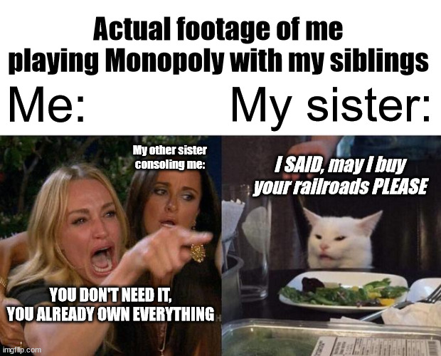 *DON'T YOU EVEN THINK ABOUT TAKING PARK PLACE* | Actual footage of me playing Monopoly with my siblings; Me:; My sister:; My other sister consoling me:; I SAID, may I buy your railroads PLEASE; YOU DON'T NEED IT, YOU ALREADY OWN EVERYTHING | image tagged in memes,woman yelling at cat,monopoly,this means war,my sister is a railroad tycoon,tears will be shed | made w/ Imgflip meme maker
