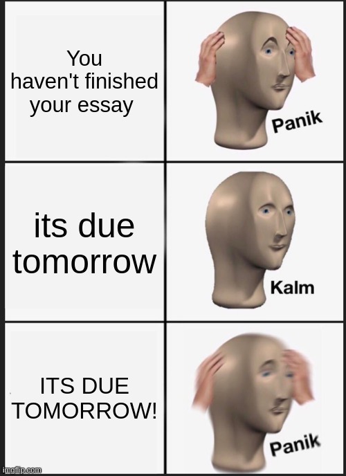 Panik Kalm Panik | You haven't finished your essay; its due tomorrow; ITS DUE TOMORROW! | image tagged in memes,panik kalm panik | made w/ Imgflip meme maker