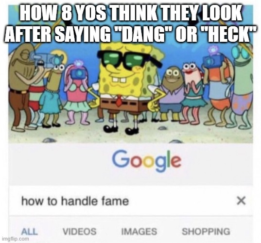 How to handle fame | HOW 8 YOS THINK THEY LOOK AFTER SAYING "DANG" OR "HECK" | image tagged in how to handle fame | made w/ Imgflip meme maker