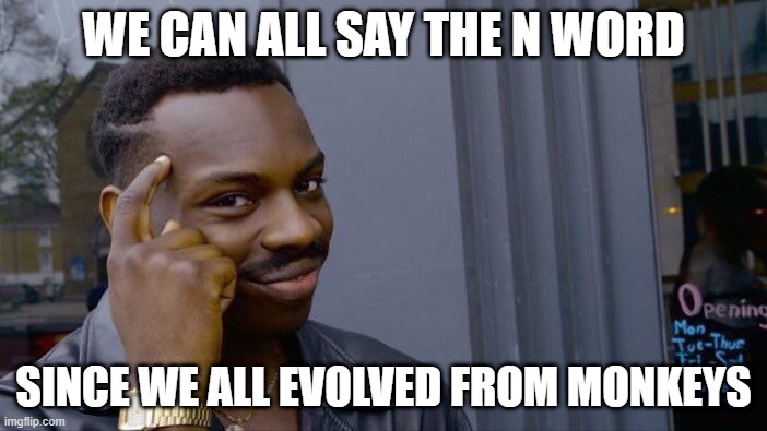 Roll Safe Think About It | WE CAN ALL SAY THE N WORD; SINCE WE ALL EVOLVED FROM MONKEYS | image tagged in memes,roll safe think about it | made w/ Imgflip meme maker