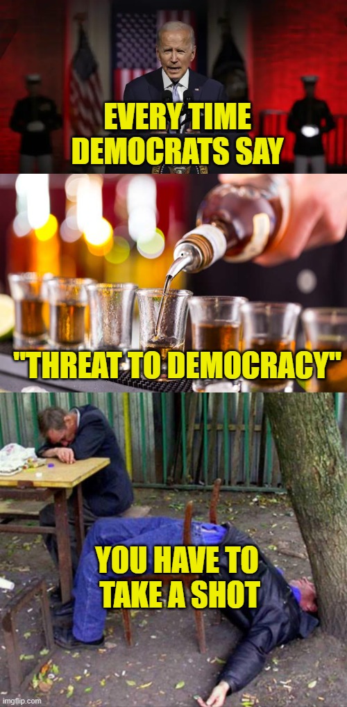 Drinking Game |  EVERY TIME
DEMOCRATS SAY; "THREAT TO DEMOCRACY"; YOU HAVE TO
 TAKE A SHOT | image tagged in democratic party | made w/ Imgflip meme maker