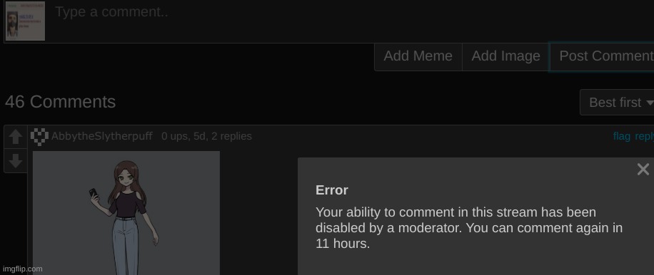 just got comment banned in the Roleplay stream for asking if she knew how to make a grilled cheese lmao | made w/ Imgflip meme maker