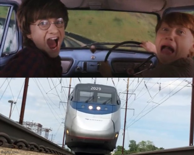 Amtrak Acela Express Chasing Harry and Ron Weasly | image tagged in tom chasing harry and ron weasly,memes,trains,train,amtrak,funny | made w/ Imgflip meme maker