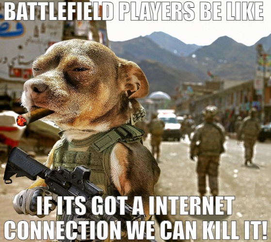 WE JUST NEED TO BE ABLE TO CONNECT WITH OUR FRIENDS | BATTLEFIELD PLAYERS BE LIKE; IF ITS GOT A INTERNET CONNECTION WE CAN KILL IT! | image tagged in army dog,meme | made w/ Imgflip meme maker