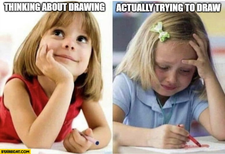 This happens a lot |  ACTUALLY TRYING TO DRAW; THINKING ABOUT DRAWING | image tagged in thinking about vs doing,drawing,funny,funny memes | made w/ Imgflip meme maker