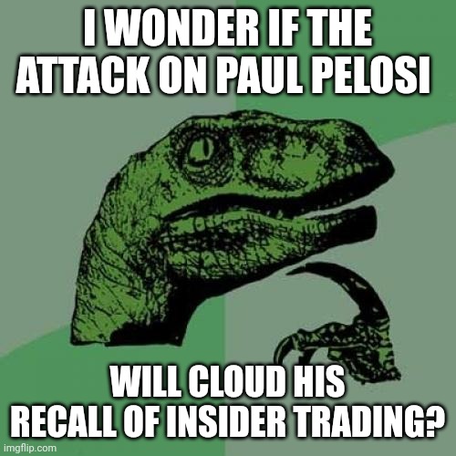 Knock about kind of guy | I WONDER IF THE ATTACK ON PAUL PELOSI; WILL CLOUD HIS RECALL OF INSIDER TRADING? | image tagged in memes,philosoraptor | made w/ Imgflip meme maker