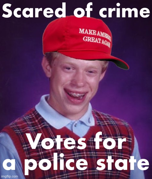 I’d rather be mugged than be mugged, beaten by cops, and my vote tossed in the trash can | Scared of crime; Votes for a police state | image tagged in maga bad luck brian,maga,bad luck brian,conservative hypocrisy,conservative logic,police state | made w/ Imgflip meme maker