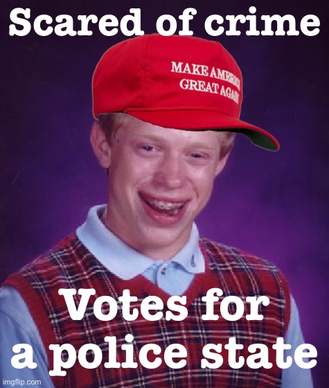 Tough-on-crime, tough-on-liberty | Scared of crime; Votes for a police state | image tagged in maga bad luck brian,crime,maga,conservative logic,police state,police brutality | made w/ Imgflip meme maker