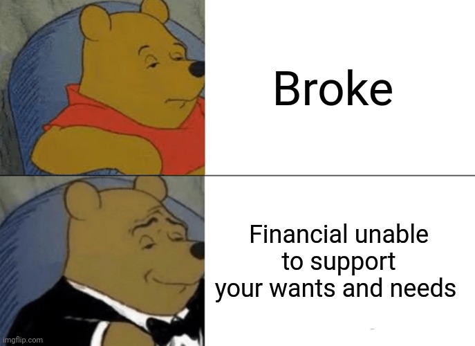 Broke but make it classy? | Broke; Financial unable to support your wants and needs | image tagged in memes,tuxedo winnie the pooh | made w/ Imgflip meme maker