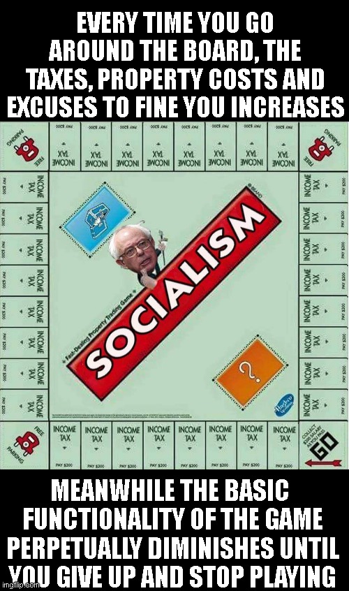 Socialism board game | EVERY TIME YOU GO AROUND THE BOARD, THE TAXES, PROPERTY COSTS AND EXCUSES TO FINE YOU INCREASES; MEANWHILE THE BASIC  FUNCTIONALITY OF THE GAME PERPETUALLY DIMINISHES UNTIL YOU GIVE UP AND STOP PLAYING | image tagged in socialism board game | made w/ Imgflip meme maker