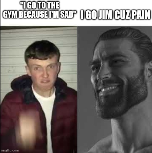 Gigachad | "I GO TO THE GYM BECAUSE I'M SAD"; I GO JIM CUZ PAIN | image tagged in giga chad template,gym,jim,funny | made w/ Imgflip meme maker