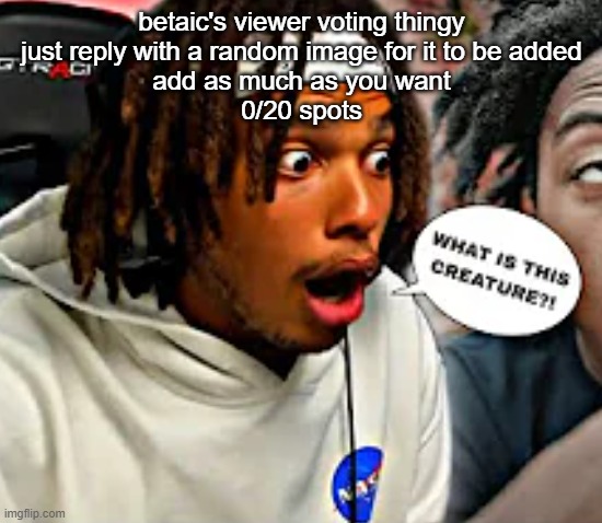 beta's viewer voting thingy!!111 | betaic's viewer voting thingy
just reply with a random image for it to be added
add as much as you want
0/20 spots | image tagged in what is this creature | made w/ Imgflip meme maker