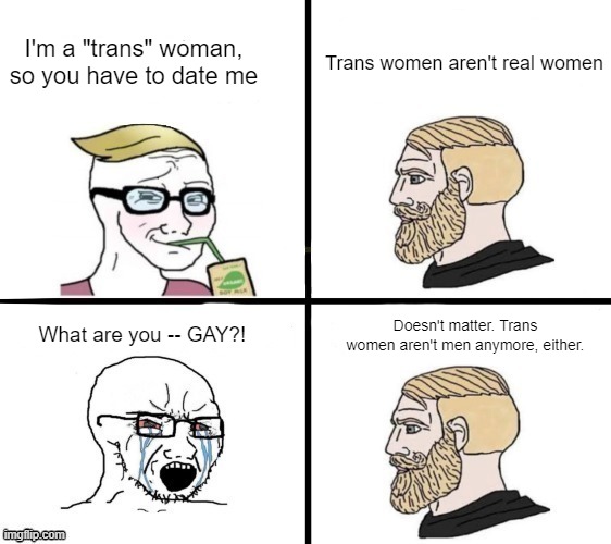 You cut a gaping hole in your crotch, and you want people to LICK it? | Trans women aren't real women; I'm a "trans" woman, so you have to date me; Doesn't matter. Trans women aren't men anymore, either. What are you -- GAY?! | made w/ Imgflip meme maker