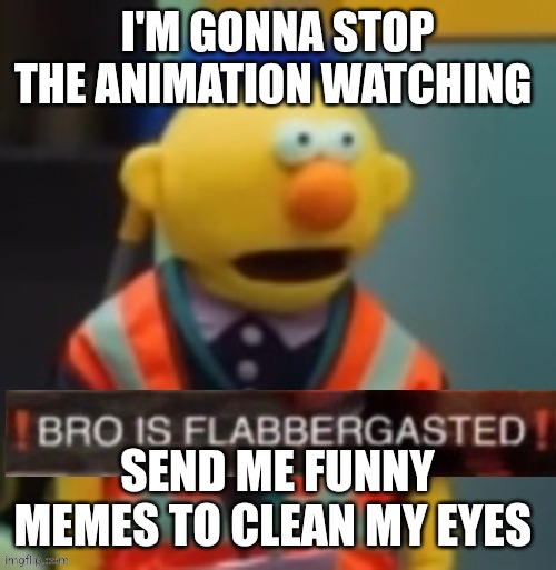 Flabbergasted Yellow Guy | I'M GONNA STOP THE ANIMATION WATCHING; SEND ME FUNNY MEMES TO CLEAN MY EYES | image tagged in flabbergasted yellow guy | made w/ Imgflip meme maker