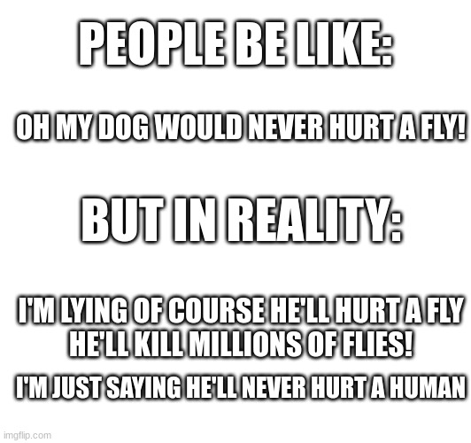 PEOPLE BE LIKE:; OH MY DOG WOULD NEVER HURT A FLY! BUT IN REALITY:; I'M LYING OF COURSE HE'LL HURT A FLY
HE'LL KILL MILLIONS OF FLIES! I'M JUST SAYING HE'LL NEVER HURT A HUMAN | image tagged in dog,fly | made w/ Imgflip meme maker