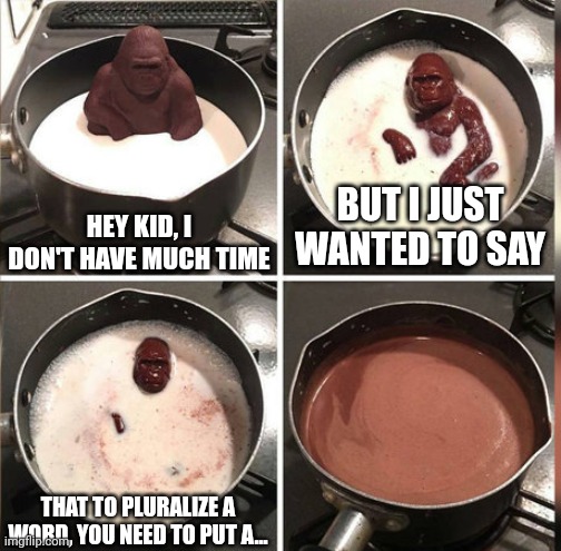'     (#181) | HEY KID, I DON'T HAVE MUCH TIME; BUT I JUST WANTED TO SAY; THAT TO PLURALIZE A WORD, YOU NEED TO PUT A... | image tagged in hey kid i don't have much time,chocolate,gorilla,memes,chocolate gorilla,words | made w/ Imgflip meme maker