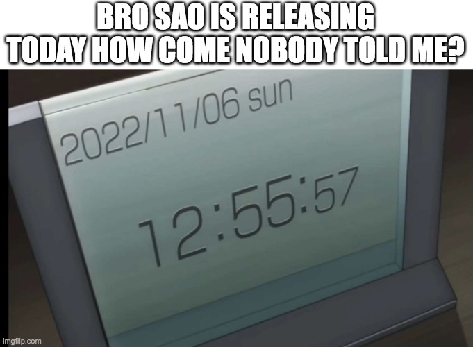 SAO is already up | BRO SAO IS RELEASING TODAY HOW COME NOBODY TOLD ME? | image tagged in sword art online,sao | made w/ Imgflip meme maker
