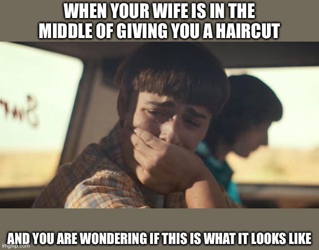 When your wife is in the middle of giving you a haircut | WHEN YOUR WIFE IS IN THE MIDDLE OF GIVING YOU A HAIRCUT; AND YOU ARE WONDERING IF THIS IS WHAT IT LOOKS LIKE | image tagged in will byers crying | made w/ Imgflip meme maker