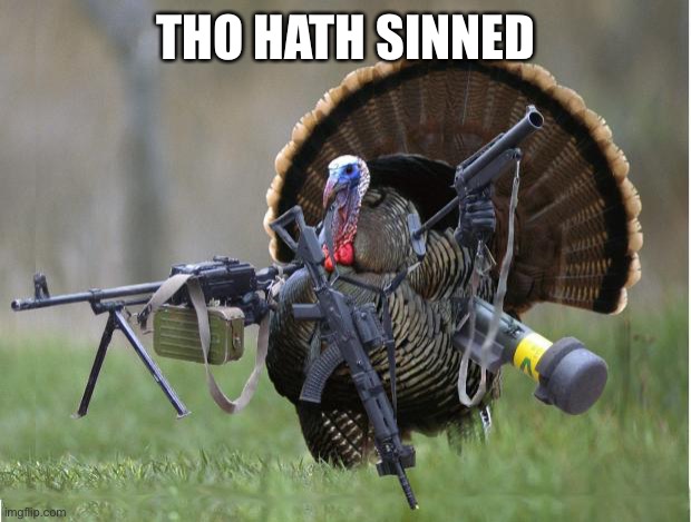 turkey | THO HATH SINNED | image tagged in turkey | made w/ Imgflip meme maker