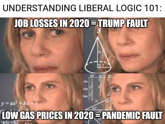 You never see these two examples together | UNDERSTANDING LIBERAL LOGIC 101:; JOB LOSSES IN 2020 = TRUMP FAULT; LOW GAS PRICES IN 2020 = PANDEMIC FAULT | image tagged in math lady/confused lady,democrats,liberal logic,liberals,gas prices | made w/ Imgflip meme maker