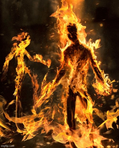 SCP-457, having split into two bodies, observes a camera during testing. | image tagged in scp-457 | made w/ Imgflip meme maker