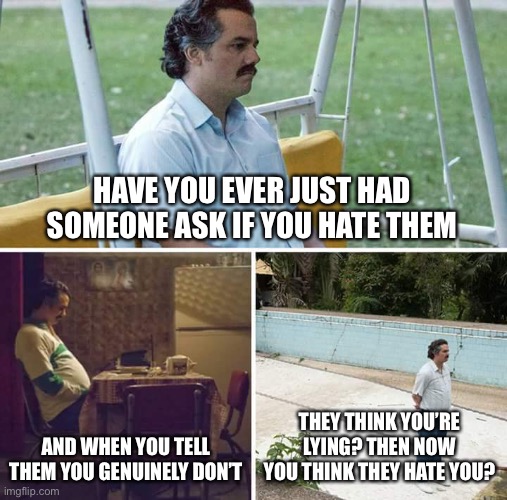 Not really sure how relatable this is | HAVE YOU EVER JUST HAD SOMEONE ASK IF YOU HATE THEM; AND WHEN YOU TELL THEM YOU GENUINELY DON’T; THEY THINK YOU’RE LYING? THEN NOW YOU THINK THEY HATE YOU? | image tagged in memes,sad pablo escobar | made w/ Imgflip meme maker