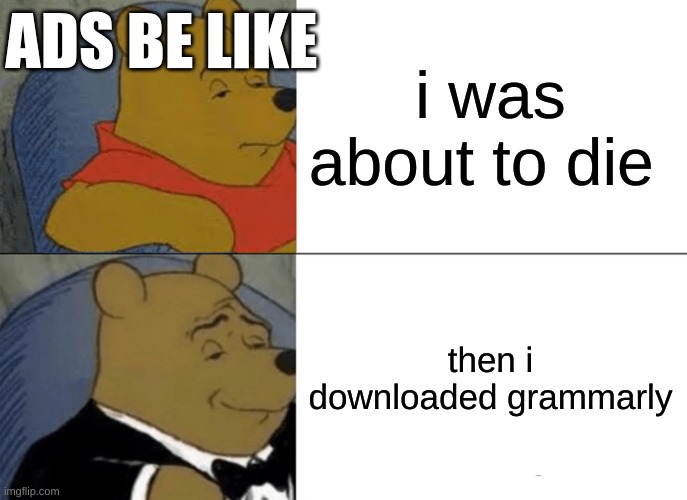 the ads though | ADS BE LIKE; i was about to die; then i downloaded grammarly | image tagged in memes,tuxedo winnie the pooh | made w/ Imgflip meme maker