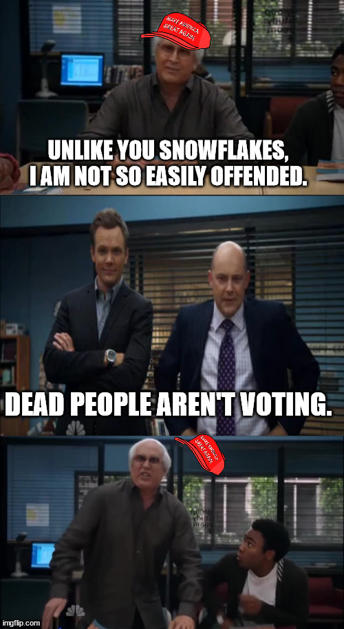 MAGA Snowflake | UNLIKE YOU SNOWFLAKES, I AM NOT SO EASILY OFFENDED. DEAD PEOPLE AREN'T VOTING. | image tagged in maga snowflake | made w/ Imgflip meme maker