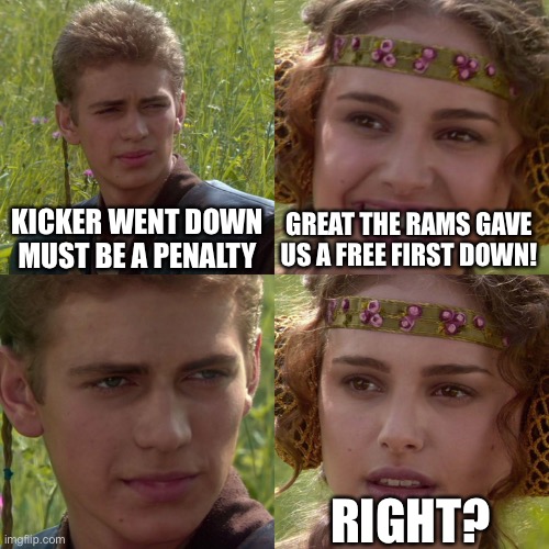 Anakin Padme 4 Panel | KICKER WENT DOWN MUST BE A PENALTY; GREAT THE RAMS GAVE US A FREE FIRST DOWN! RIGHT? | image tagged in anakin padme 4 panel | made w/ Imgflip meme maker