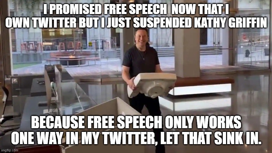 Elon Musk Sink | I PROMISED FREE SPEECH  NOW THAT I OWN TWITTER BUT I JUST SUSPENDED KATHY GRIFFIN; BECAUSE FREE SPEECH ONLY WORKS ONE WAY IN MY TWITTER, LET THAT SINK IN. | image tagged in elon musk sink | made w/ Imgflip meme maker