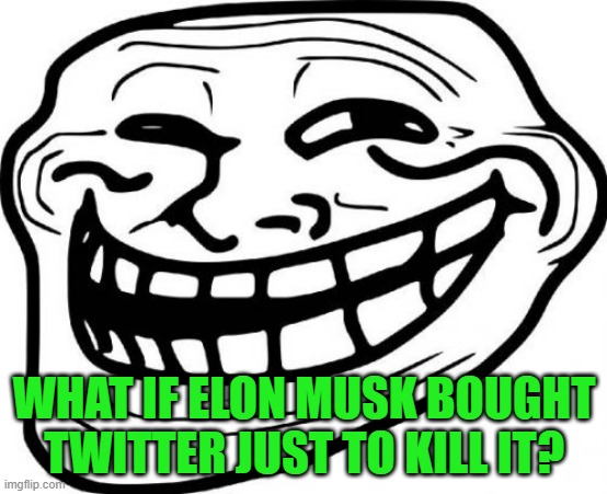 Someone had to kill it.  Maybe protecting free speech was a cover-up | WHAT IF ELON MUSK BOUGHT TWITTER JUST TO KILL IT? | image tagged in memes,troll face | made w/ Imgflip meme maker