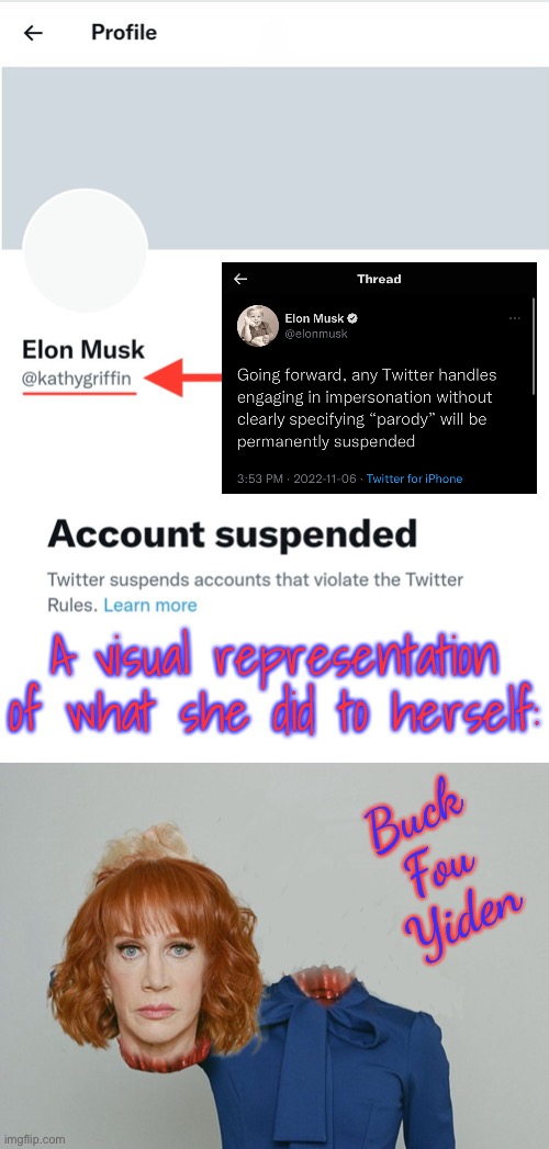 Elon Suspends Kathy | Buck
Fou
Yiden; A visual representation of what she did to herself: | image tagged in elon musk,kathy griffin,suspension | made w/ Imgflip meme maker