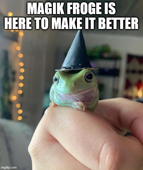Magic Frog | MAGIK FROGE IS HERE TO MAKE IT BETTER | image tagged in magic frog | made w/ Imgflip meme maker