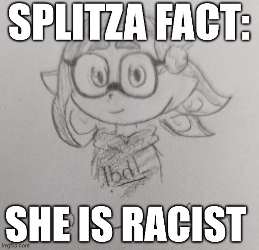 splitza drawn by Noi_the_Oumi | SPLITZA FACT:; SHE IS RACIST | image tagged in splitza drawn by noi_the_oumi | made w/ Imgflip meme maker