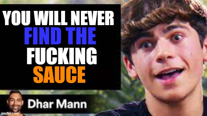 Sauce Boss | YOU WILL NEVER; FIND THE; FUCKING; SAUCE | image tagged in dhar mann | made w/ Imgflip meme maker