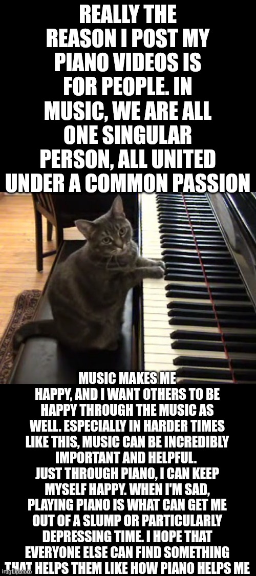 cat piano | REALLY THE REASON I POST MY PIANO VIDEOS IS FOR PEOPLE. IN MUSIC, WE ARE ALL ONE SINGULAR PERSON, ALL UNITED UNDER A COMMON PASSION; MUSIC MAKES ME HAPPY, AND I WANT OTHERS TO BE HAPPY THROUGH THE MUSIC AS WELL. ESPECIALLY IN HARDER TIMES LIKE THIS, MUSIC CAN BE INCREDIBLY IMPORTANT AND HELPFUL.  JUST THROUGH PIANO, I CAN KEEP MYSELF HAPPY. WHEN I'M SAD, PLAYING PIANO IS WHAT CAN GET ME OUT OF A SLUMP OR PARTICULARLY DEPRESSING TIME. I HOPE THAT EVERYONE ELSE CAN FIND SOMETHING THAT HELPS THEM LIKE HOW PIANO HELPS ME | image tagged in cat piano | made w/ Imgflip meme maker