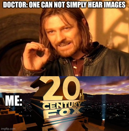 DOCTOR: ONE CAN NOT SIMPLY HEAR IMAGES; ME: | image tagged in memes,one does not simply | made w/ Imgflip meme maker