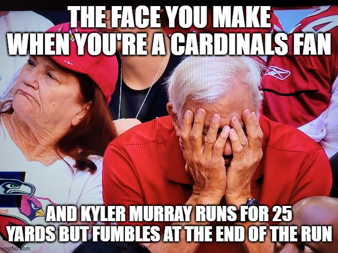 When the "Aw shit" wipes out the Attaboy | THE FACE YOU MAKE WHEN YOU'RE A CARDINALS FAN; AND KYLER MURRAY RUNS FOR 25 YARDS BUT FUMBLES AT THE END OF THE RUN | image tagged in cardinals,seahawks | made w/ Imgflip meme maker