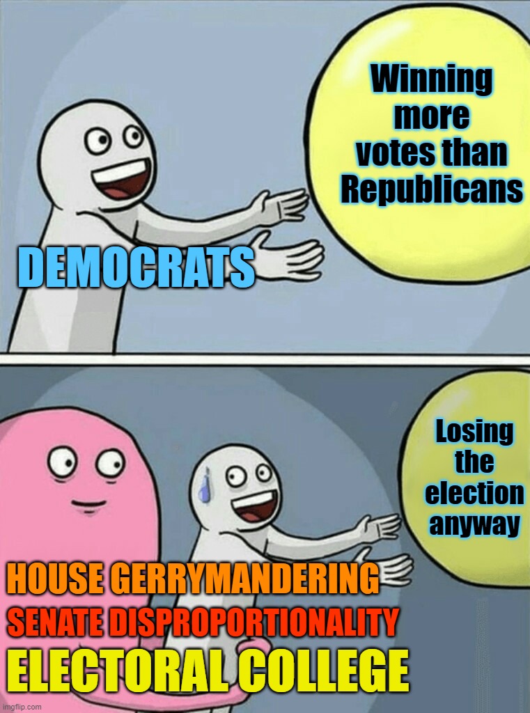 Republicans very well might "win" the election on Tuesday. But will they actually win more votes than Democrats? | Winning more votes than Republicans; DEMOCRATS; Losing the election anyway; HOUSE GERRYMANDERING; SENATE DISPROPORTIONALITY; ELECTORAL COLLEGE | image tagged in memes,running away balloon,electoral college,republicans,democrats,democracy | made w/ Imgflip meme maker