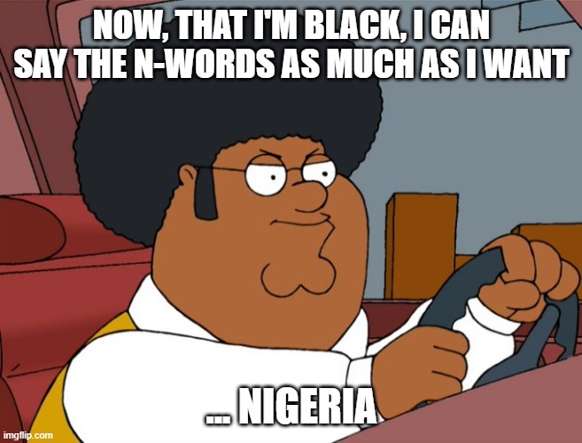 Behold the country of Nigeria | NOW, THAT I'M BLACK, I CAN SAY THE N-WORDS AS MUCH AS I WANT; ... NIGERIA | image tagged in family guy,peter griffin | made w/ Imgflip meme maker