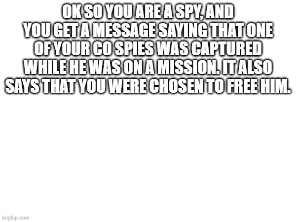 OK SO YOU ARE A SPY, AND YOU GET A MESSAGE SAYING THAT ONE OF YOUR CO SPIES WAS CAPTURED WHILE HE WAS ON A MISSION. IT ALSO SAYS THAT YOU WERE CHOSEN TO FREE HIM. | made w/ Imgflip meme maker