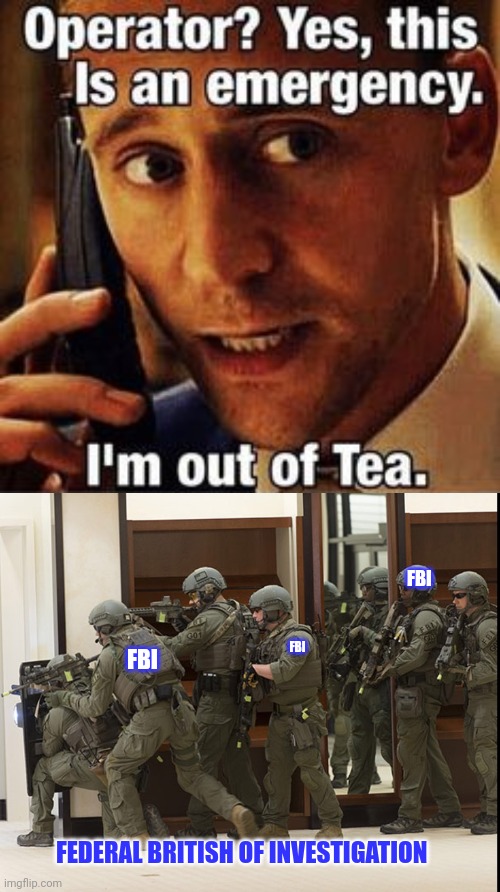 British problems | FBI FBI FEDERAL BRITISH OF INVESTIGATION FBI | image tagged in fbi swat,why is the fbi here,i need more tea,british,morman | made w/ Imgflip meme maker