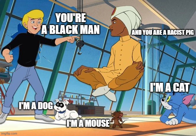 "Profiling" | YOU'RE A BLACK MAN; AND YOU ARE A RACIST PIG; I'M A CAT; I'M A DOG; I'M A MOUSE | image tagged in racist,johnny quest | made w/ Imgflip meme maker