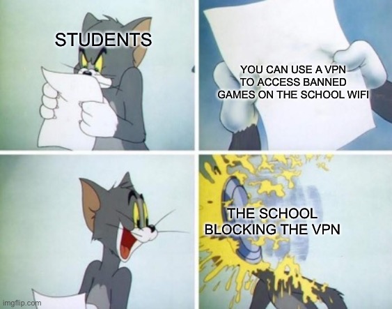 Clever clever ITC department | YOU CAN USE A VPN TO ACCESS BANNED GAMES ON THE SCHOOL WIFI; STUDENTS; THE SCHOOL BLOCKING THE VPN | image tagged in tom cat pie | made w/ Imgflip meme maker