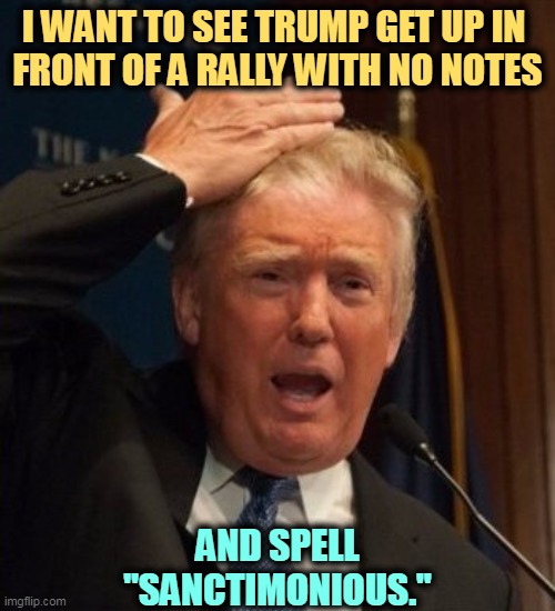Sh-rrrrr. | I WANT TO SEE TRUMP GET UP IN 
FRONT OF A RALLY WITH NO NOTES; AND SPELL "SANCTIMONIOUS." | image tagged in trump confused,trump,idiot,spelling,ron desantis | made w/ Imgflip meme maker