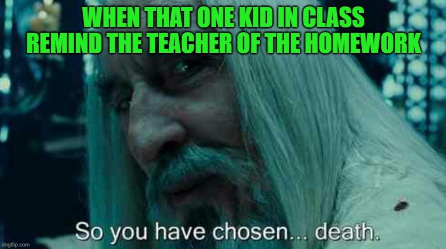 So you have chosen death | WHEN THAT ONE KID IN CLASS REMIND THE TEACHER OF THE HOMEWORK | image tagged in so you have chosen death | made w/ Imgflip meme maker