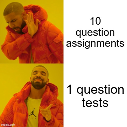 Drake Hotline Bling | 10 question assignments; 1 question tests | image tagged in memes,drake hotline bling | made w/ Imgflip meme maker