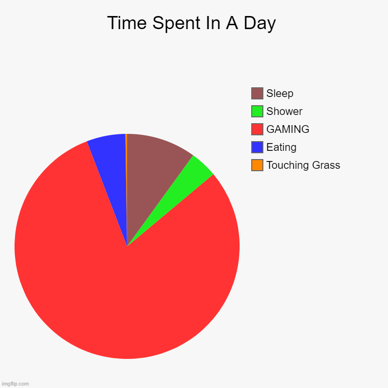 Time Spent In A Day | Touching Grass, Eating, GAMING, Shower, Sleep | image tagged in charts,pie charts | made w/ Imgflip chart maker